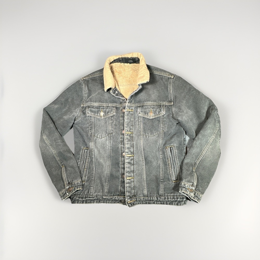 JYG Sherpa Lined Denim Trucker Jacket Gray Washed Button Front Men L
